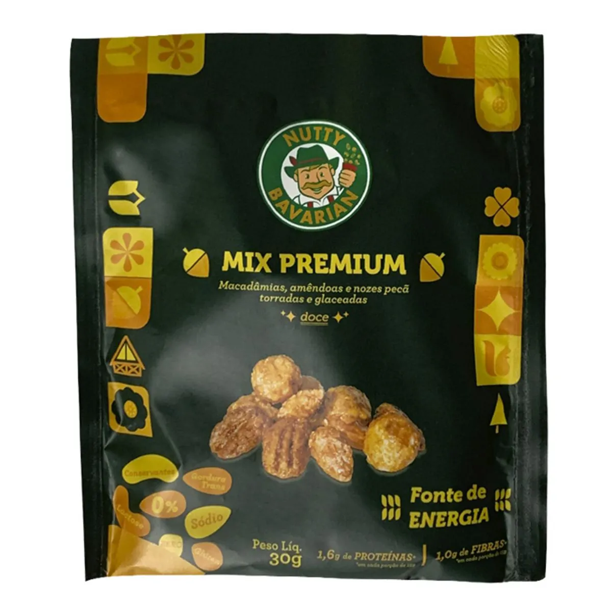 Mix De Macadâmia, Amêndoa E Noz Pecã Torrada E Glaceada Zero Sódio Nutty Bavarian Premium Pacote 30g
