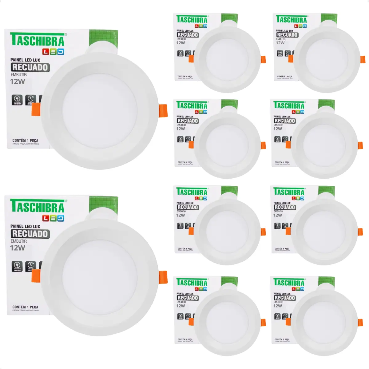 Kit 10 Painel De Led Redondo Embutir Recuado 12w Bivolt Taschibra 6500k Frio