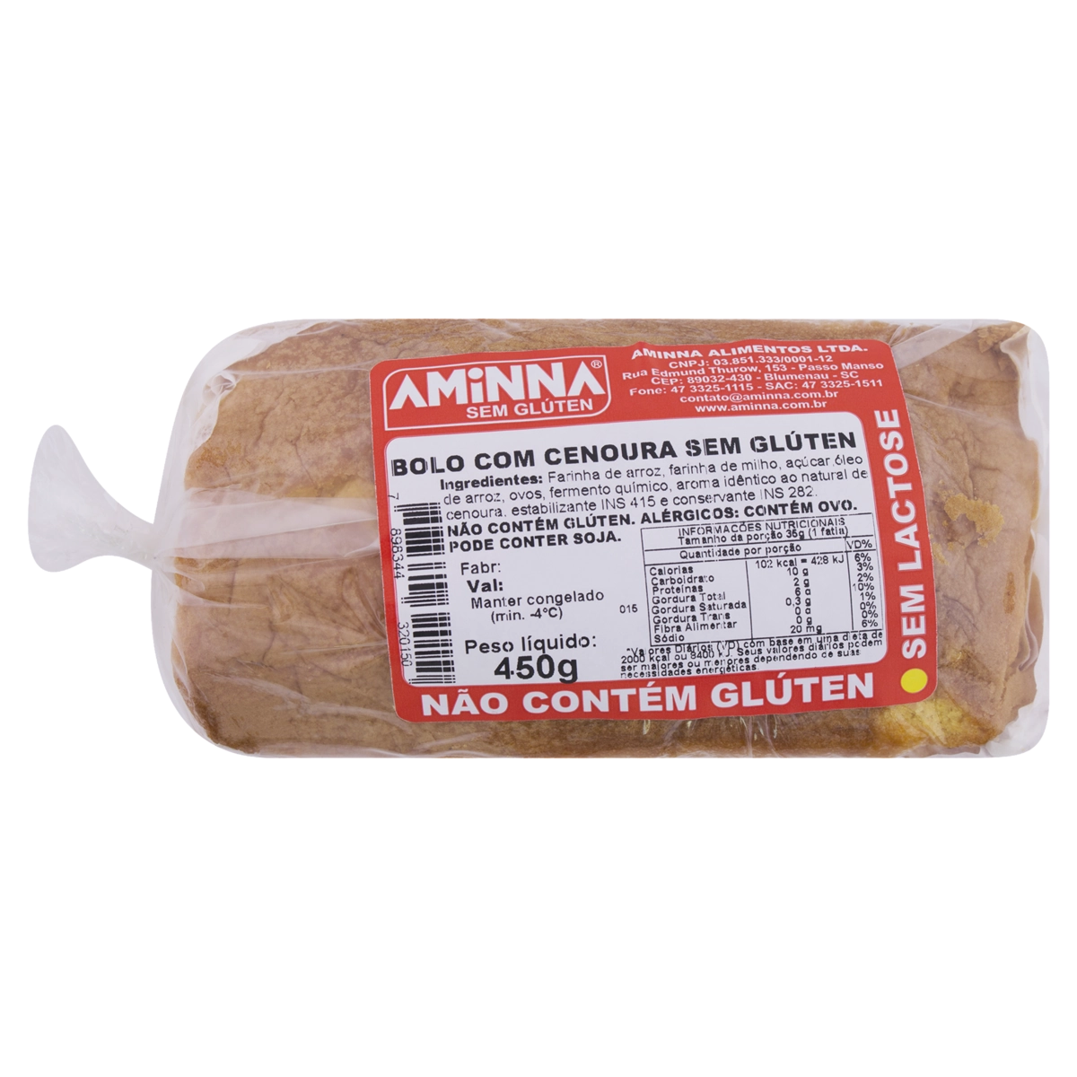 Bolo Congelado Cenoura Sem Glúten Zero Lactose Aminna Pacote 450g