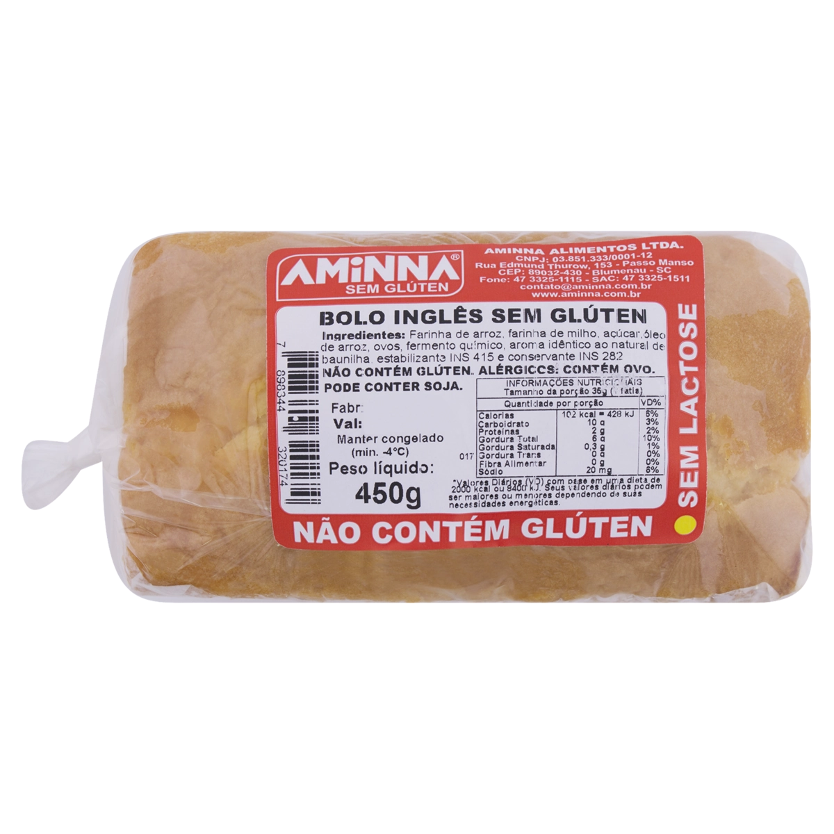 Bolo Congelado Inglês Sem Glúten Zero Lactose Aminna Pacote 450g