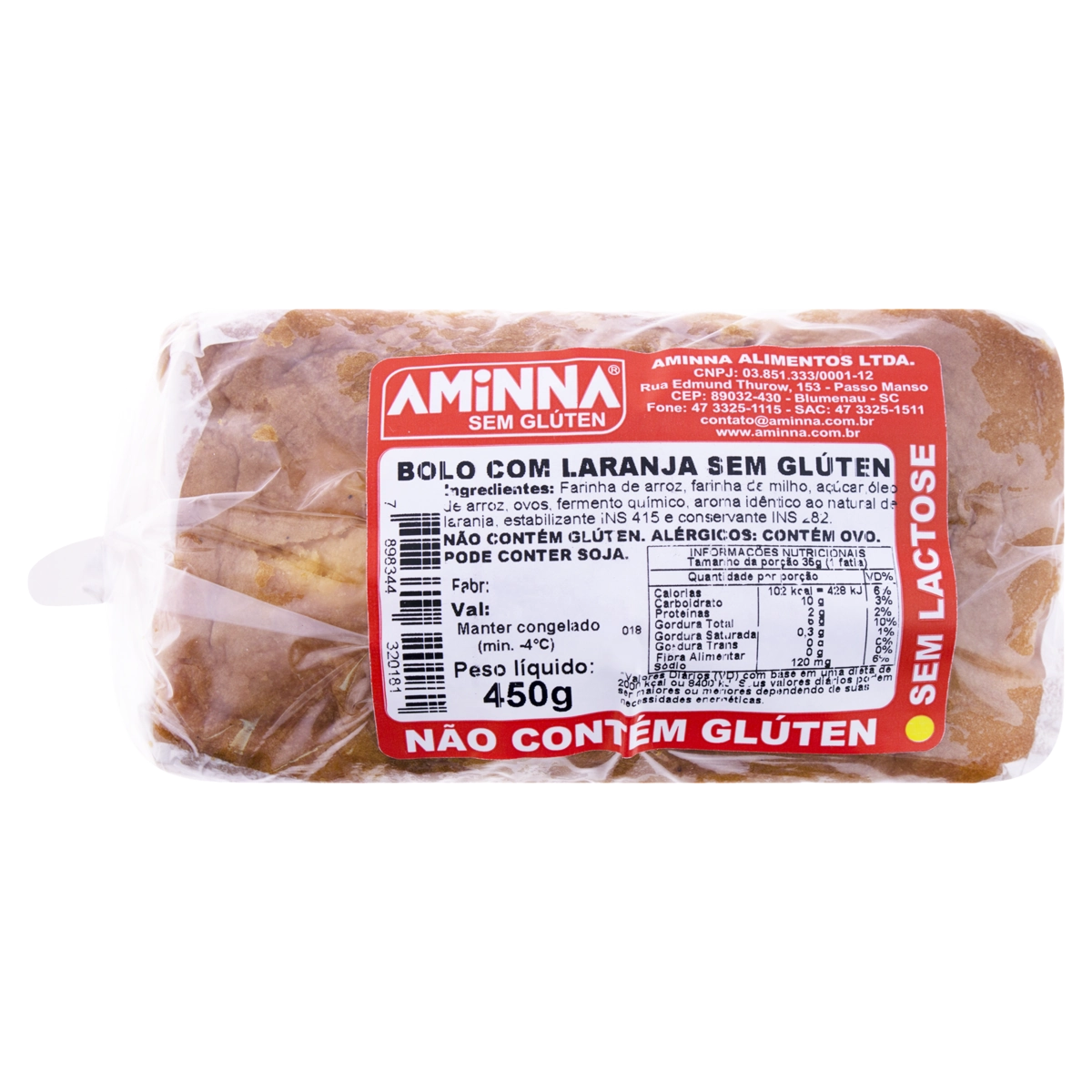 Bolo Congelado Laranja Sem Glúten Zero Lactose Aminna Pacote 450g