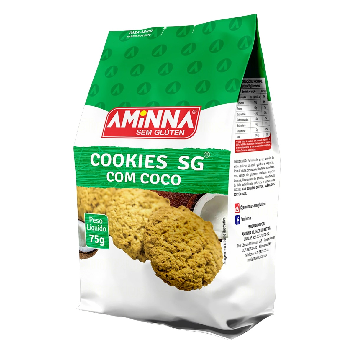 Biscoito Cookies Sabor Coco Sem Glúten e Lactose Aminna 75g