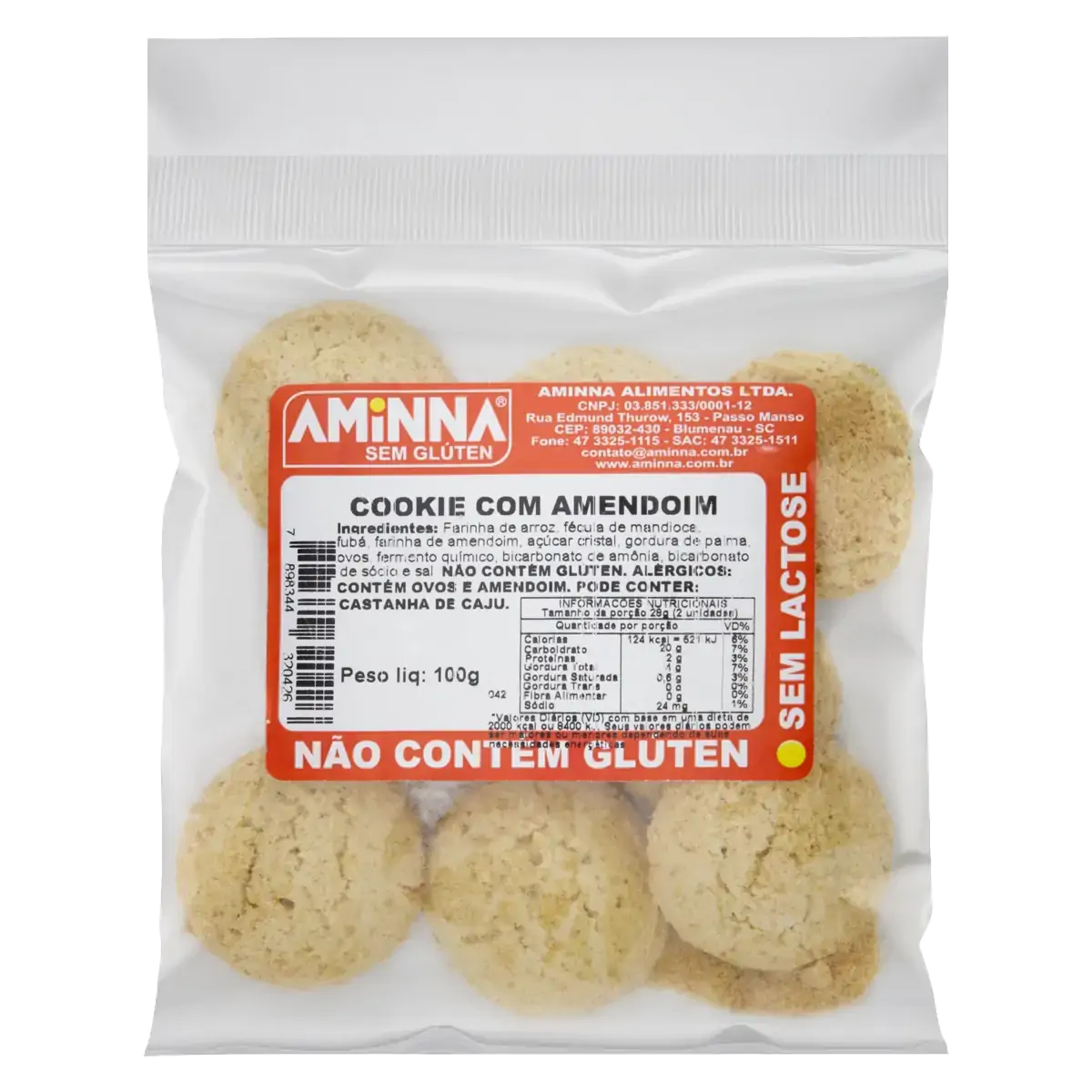 Biscoito Cookie Amendoim Sem Glúten Zero Lactose Aminna Pacote 100g