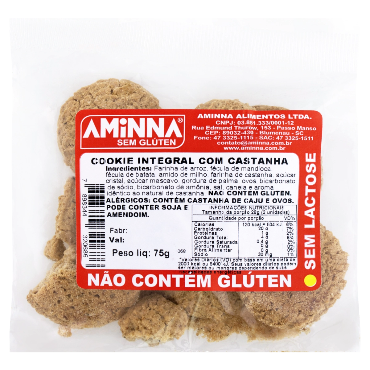 Biscoito Cookie Integral Castanha Sem Glúten Zero Lactose Aminna Pacote 75g