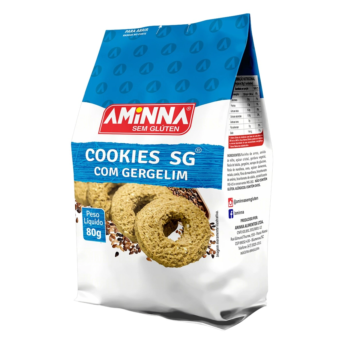 Biscoito Cookie Com Gergelim Sem Glúten Aminna Pacote 80g
