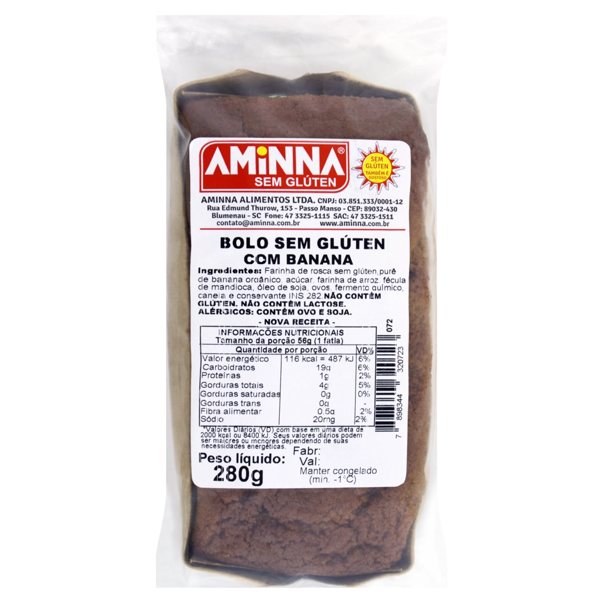 Bolo Congelado Banana Sem Glúten Zero Lactose Aminna Pacote 280g