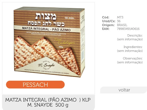 Pao Azimo Matza 500gr Integral