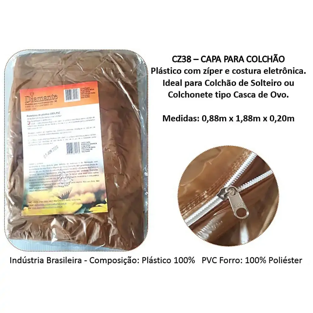 Capa Diamante para Colchão Solteiro - Com Zíper - 0,88m x 1,88m x 0,20m