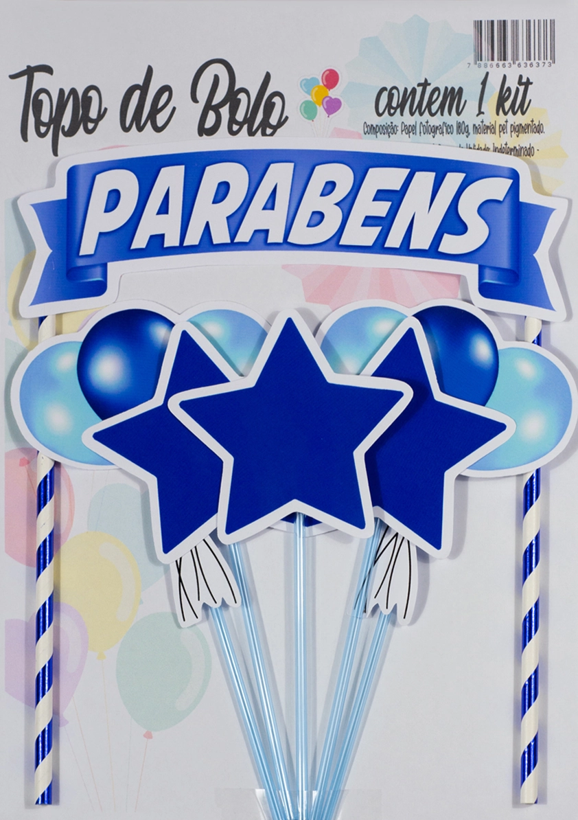 Topo Bolo Estrelas Azul Fazendo Festa