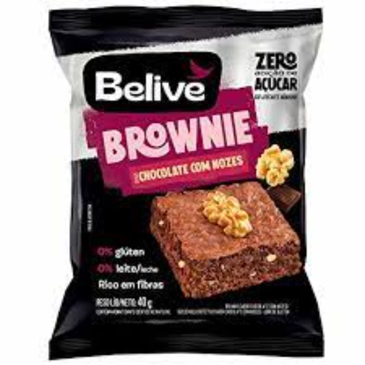 Brownie Chocolate Com Nozes Sem Açúcar Sem Glúten Sem Leite Belive 40g