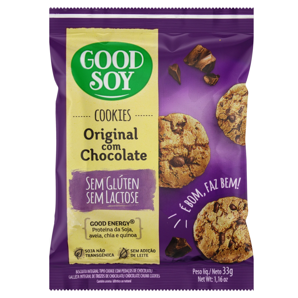 Biscoito Cookie Integral Original Com Chocolate Sem Glúten Zero Lactose Good Soy Pacote 33g