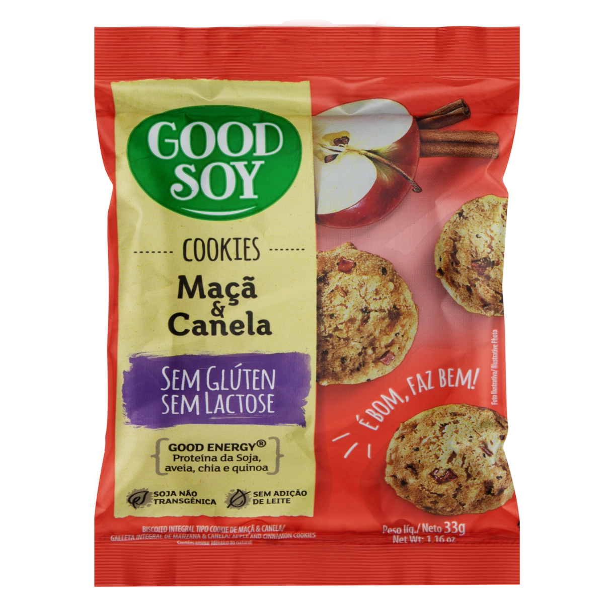 Biscoito Cookie Integral Maçã E Canela Sem Glúten Zero Lactose Good Soy Pacote 33g