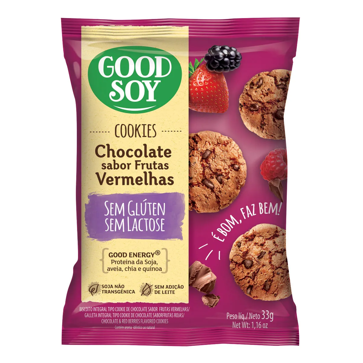 Biscoito Cookie Integral Chocolate Com Frutas Vermelhas Sem Glúten Zero Lactose Good Soy Pacote 33g