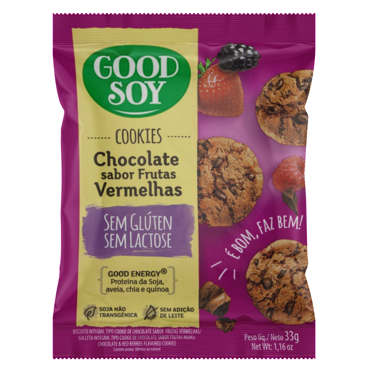 Biscoito Cookie Integral Chocolate Com Frutas Vermelhas Sem Glúten Zero Lactose Good Soy Pacote 33g