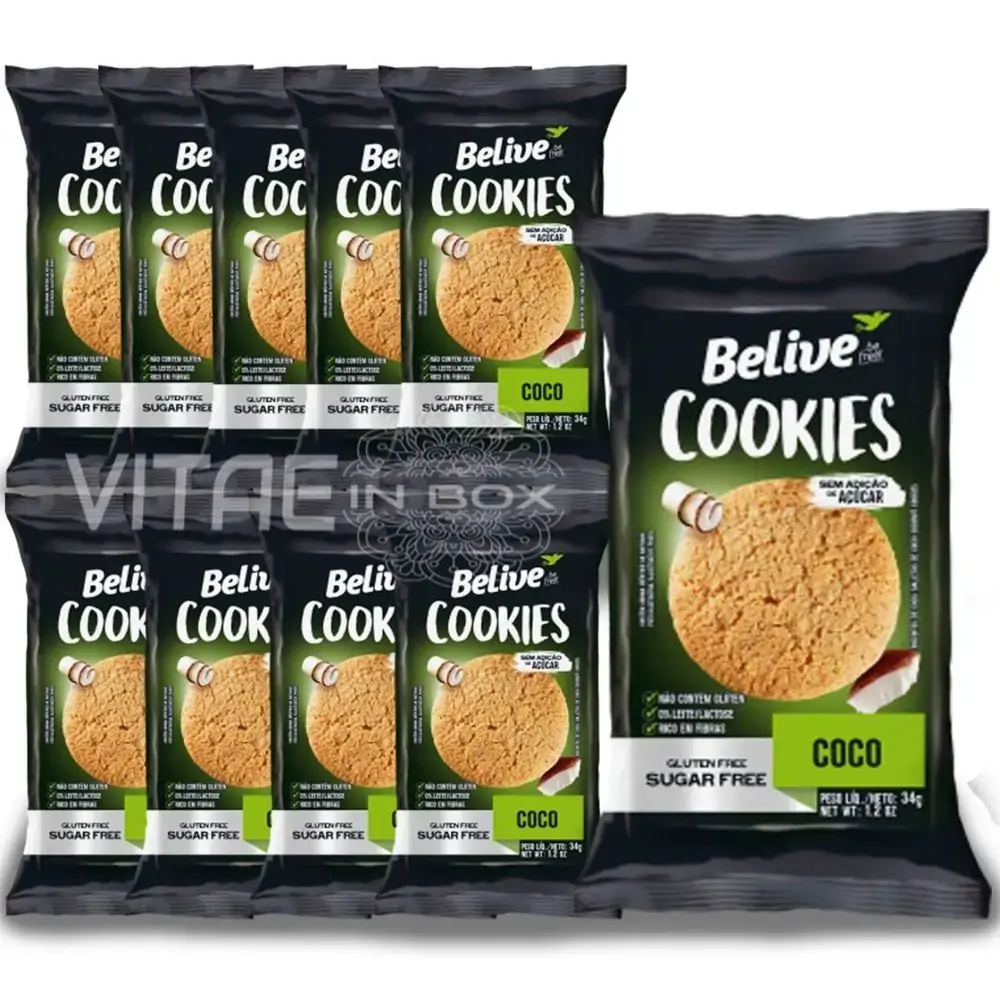 Cookies Sabor Coco Sem Glúten Sem Açúcar Cx 10 Unidades 340g Believe