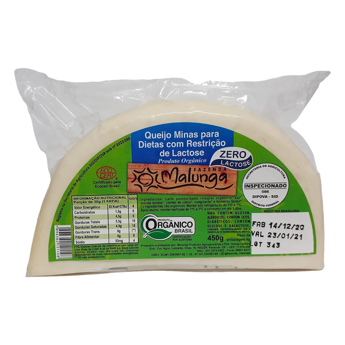Queijo Minas Orgânico Zero Lactose Fazenda Malunga 450g