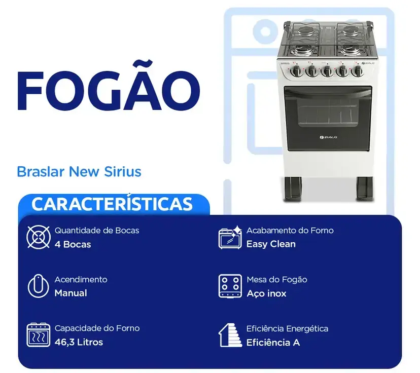 Fogao Braslar 4 Bcs Sirius Plus 2020 10010076 Branco Bivolt