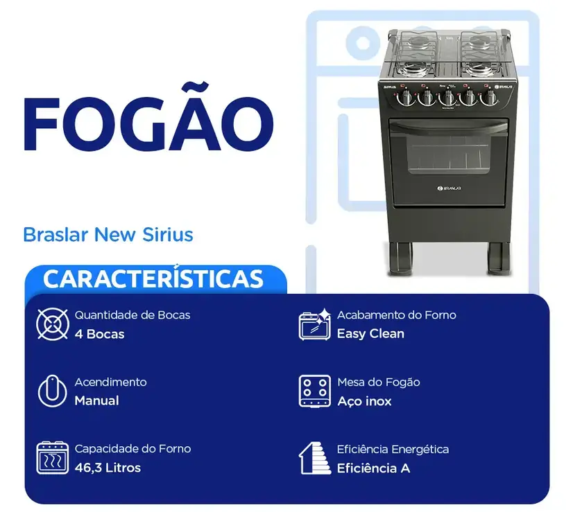 Fogao Braslar 4b Sirius Plus Pto