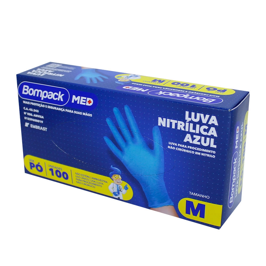 Luva Nitrilica Bompack Premium Azul M C/ 100