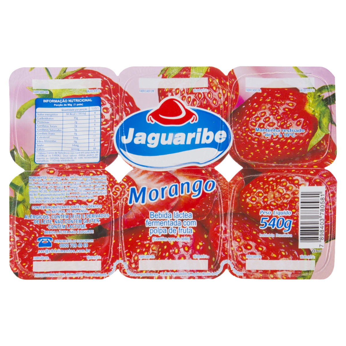 Bebida Láctea Fermentada Morango Jaguaribe Bandeja 540g 6 Unidades