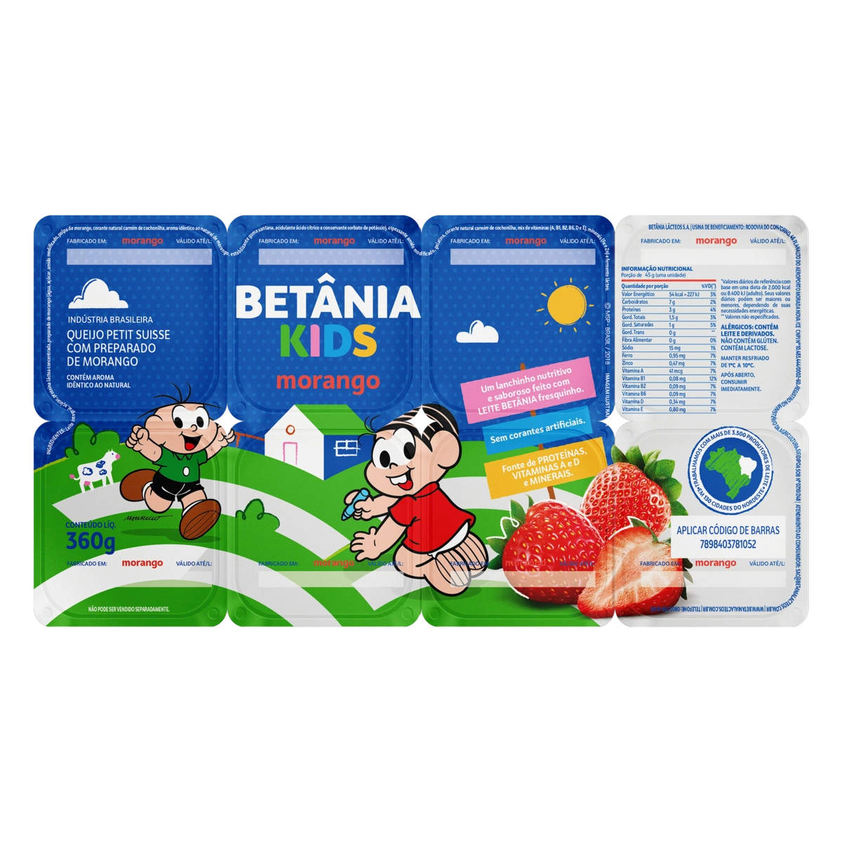 Queijo Petit Suisse Morango Turma Da Mônica Betânia Kids Bandeja 320g 8 Unidades