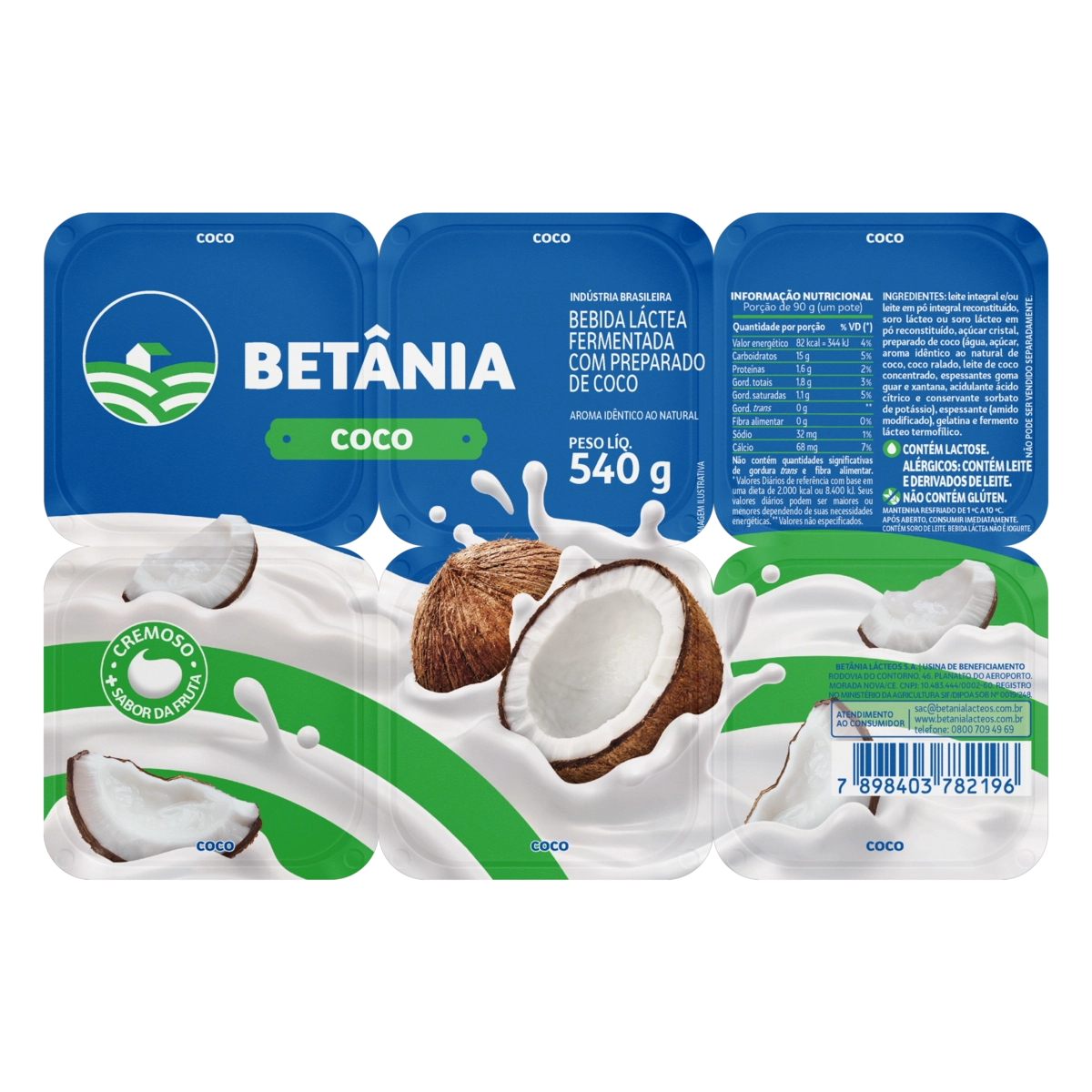 Bebida Láctea Fermentada Coco Betânia Bandeja 540g 6 Unidades