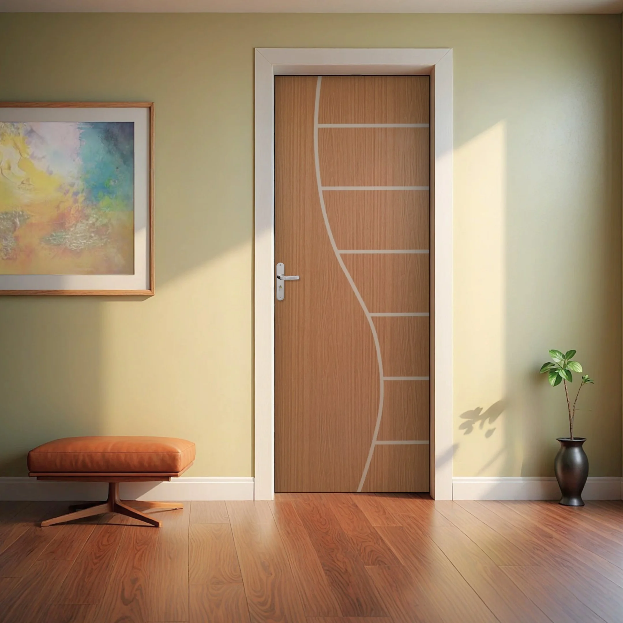 Kit Porta De Madeira Decorada 215x65cm Com Batente De Aço 06cm Cantareira Mgm Abertura Direita Mogno