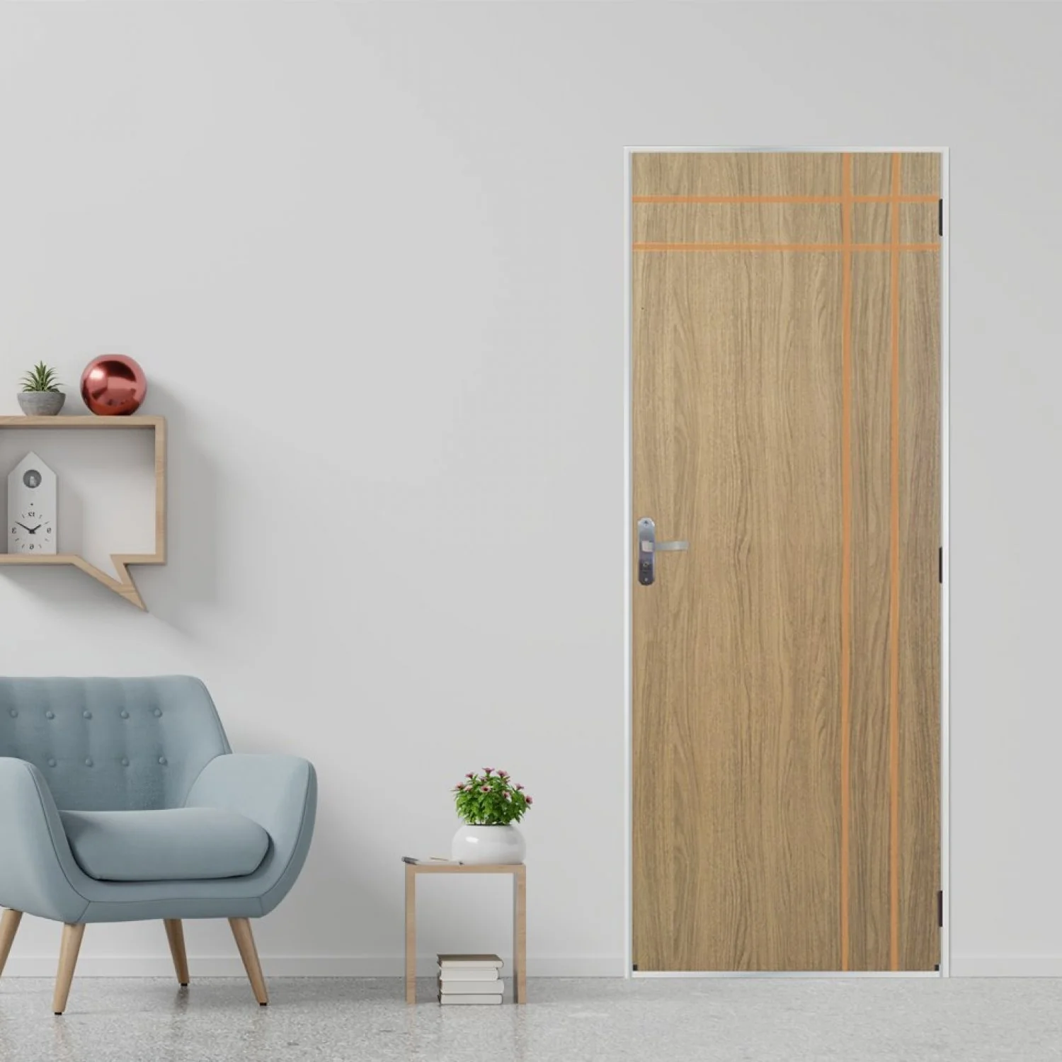 Kit Porta De Madeira Decorada 215x65cm Com Batente De Aço 6cm Mantiqueira Mgm Abertura Esquerda Carvalho Alpha