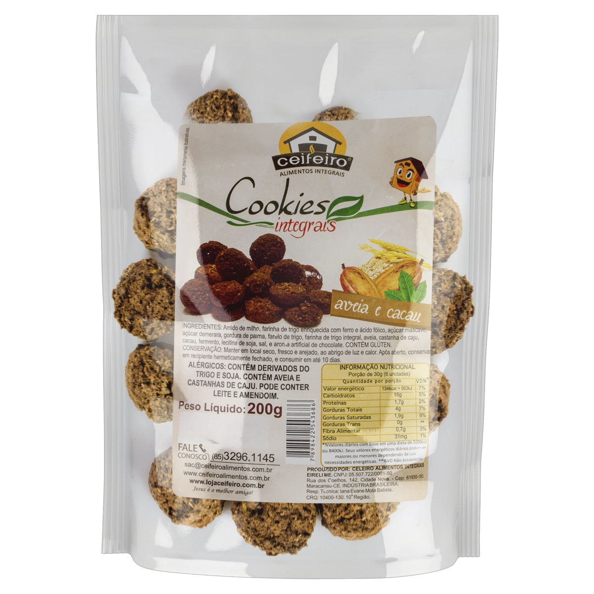 Biscoito Cookie Integral Aveia E Cacau Ceifeiro Pacote 200g