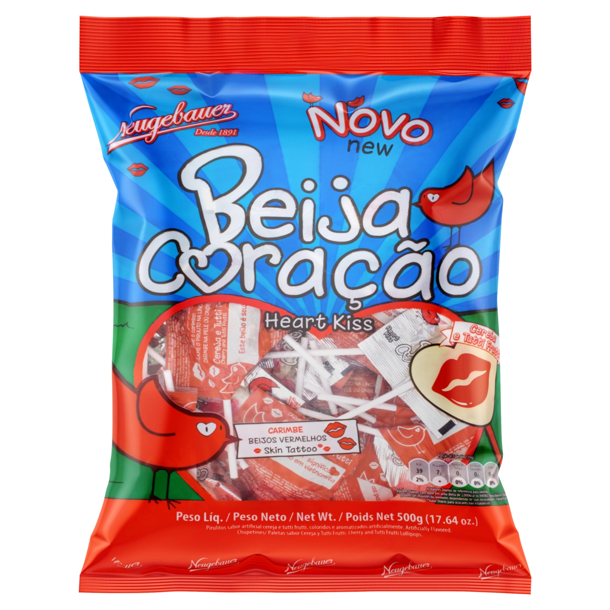 Pirulito Cereja Ou Tutti Frutti Neugebauer Beija Coração Pacote 500g