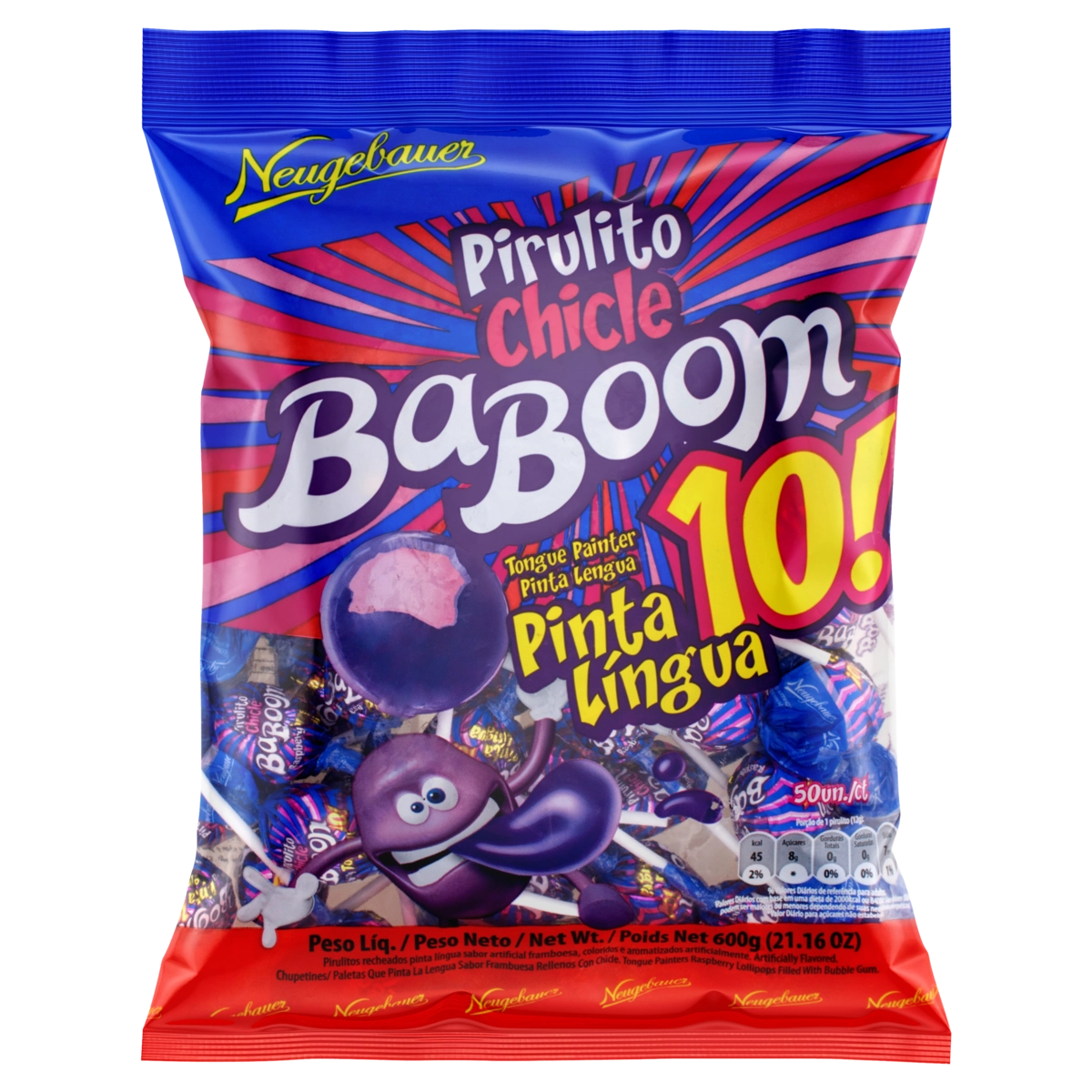 Pirulito Pinta Língua Framboesa Com Recheio De Chiclete Tutti Frutti Neugebauer Baboom 10 Pacote 600