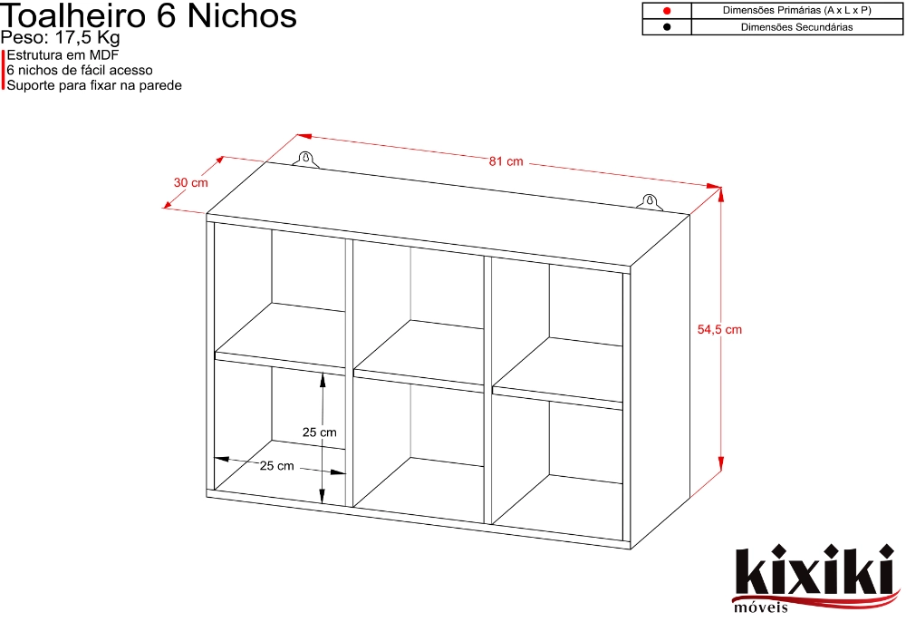 Toalheiro 6 Nichos Mdf Branco Kixiki