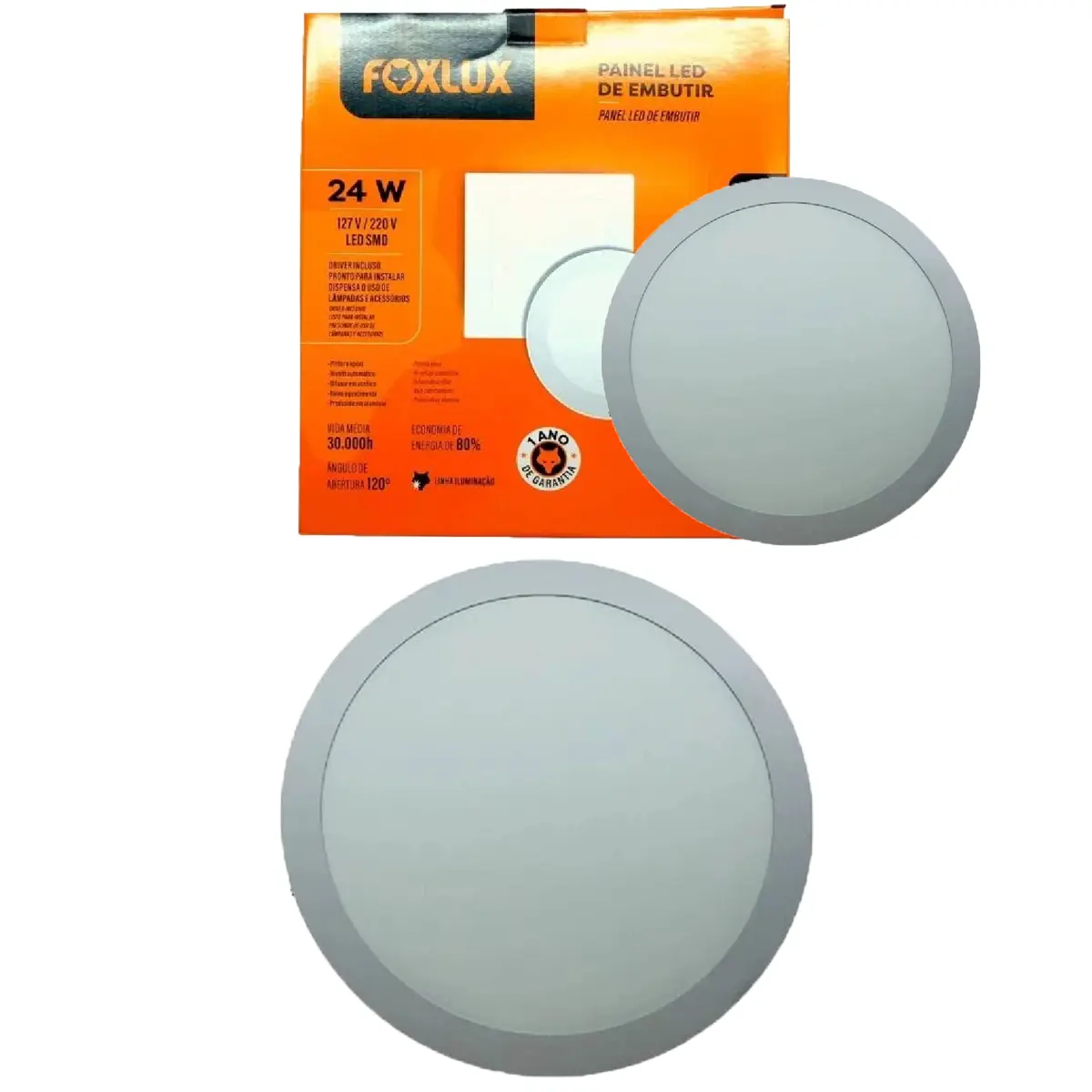 Kit 2 Painel Led Foxlux Redondo Embutir 24w 3000k Biv Branco