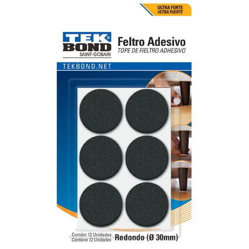 Feltro Adesivo Protetor Tekbond Redondo 30mm com 12 Unidades Preto