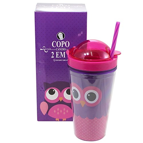 Copo C/canudo Zonacriativa 300ml 2 Em 1 Coruja