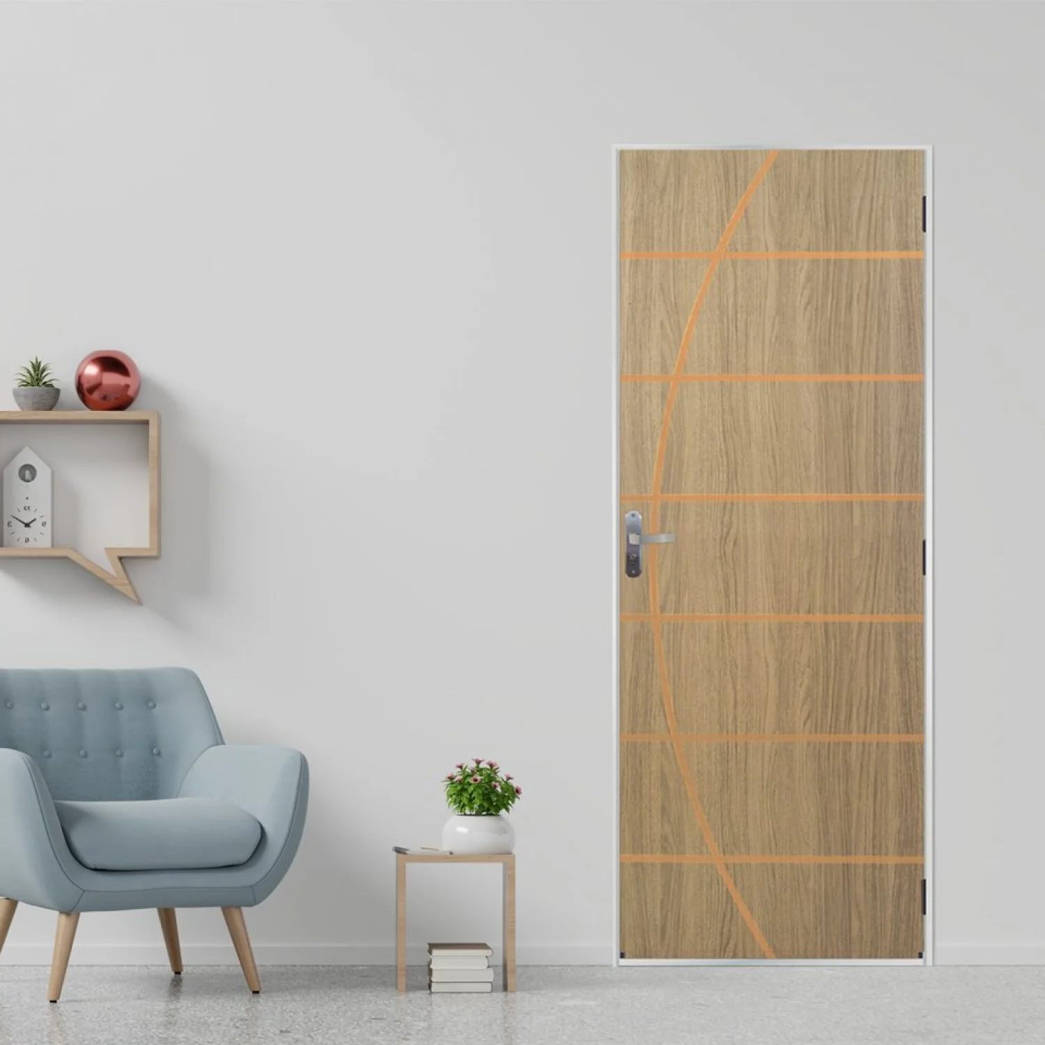 Kit Porta De Madeira Decorada 215x75cm Com Batente De Aço 6cm Neblina Mgm Abertura Esquerda Carvalho Alpha