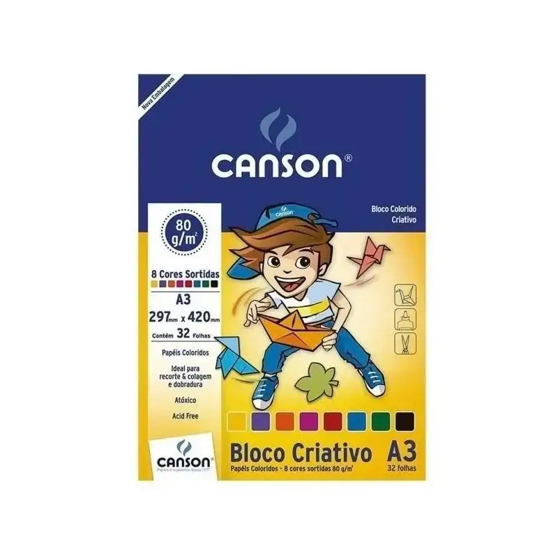 Bloco Escolar Colorido Criativo 8 Cores 080g A3 Canson 32 Fl