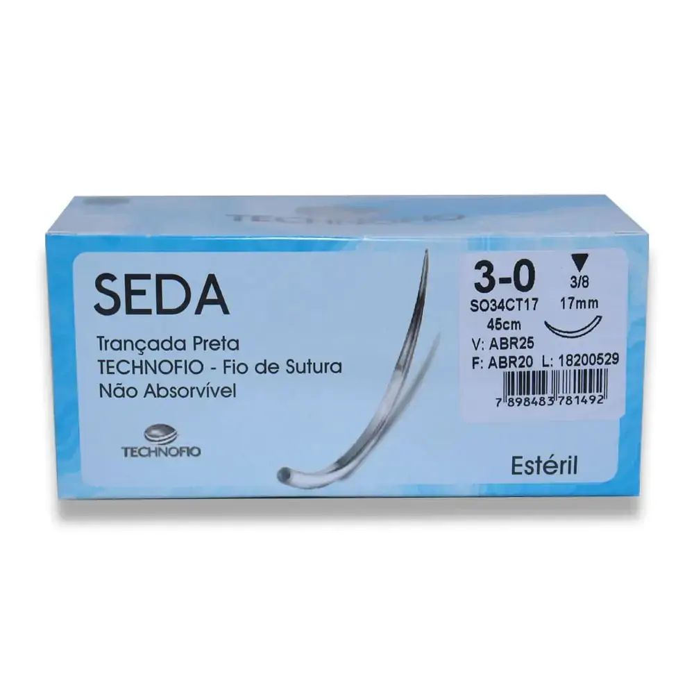Fio de Sutura Agulhado Seda - Technofio - 3-0 - 3-8circ. - 1,7cm (Cód. 25.8423)