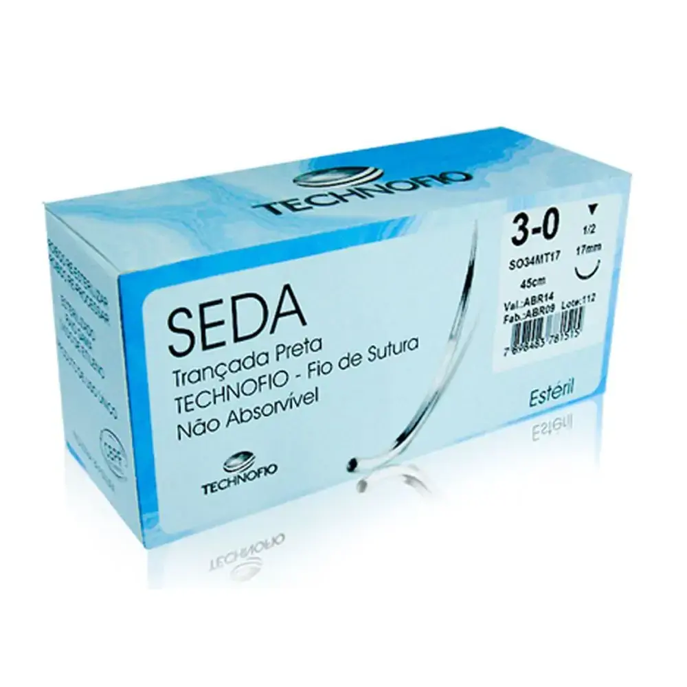 Fio de Sutura de Seda Preta 3-0 com Agulha 17mm 1/2 - Technofio