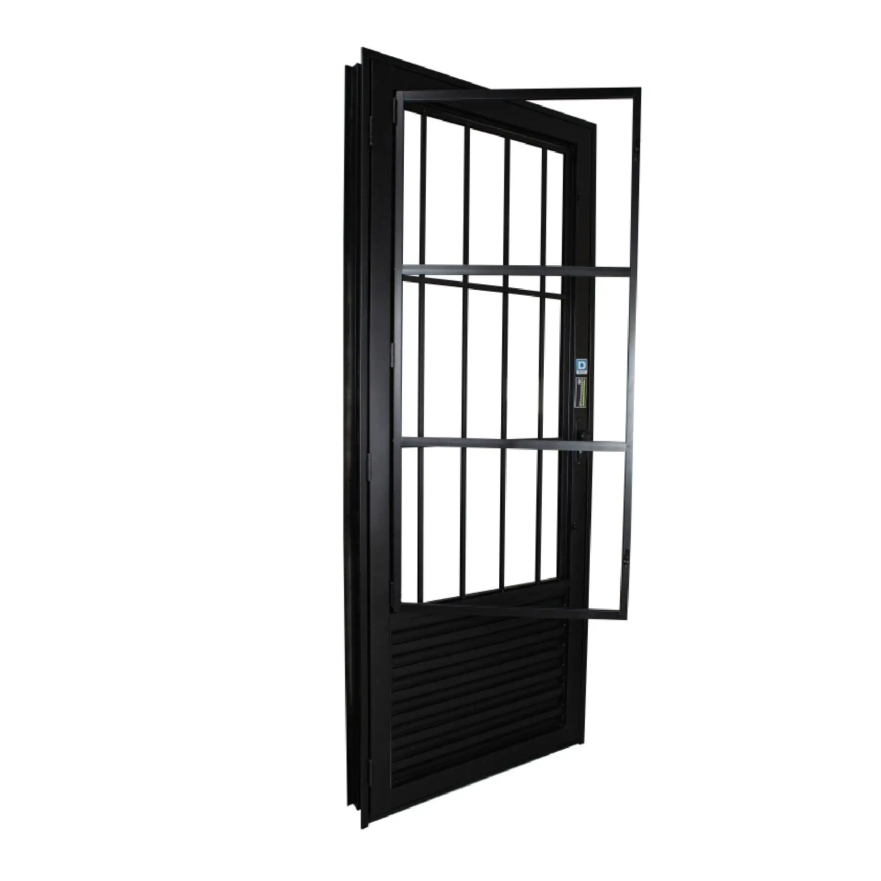Porta Postigo de Giro 1 Folha Alumínio Pintado Preto com Grade Vertical 2,15x0,84m Lado Direito Linha Stander CRV