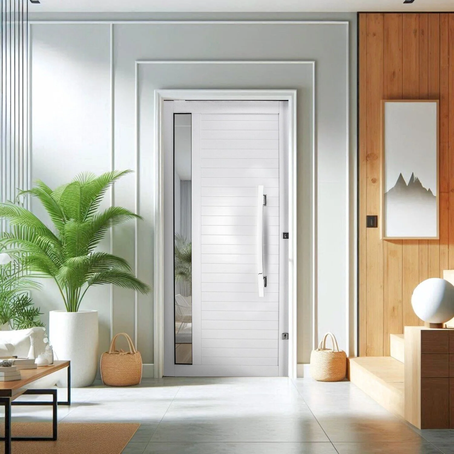 Porta Lambri Pivotante De Aluminio 227x115x10,5cm Com Visor E Puxador Curvo Abertura Esquerda Crv Branco