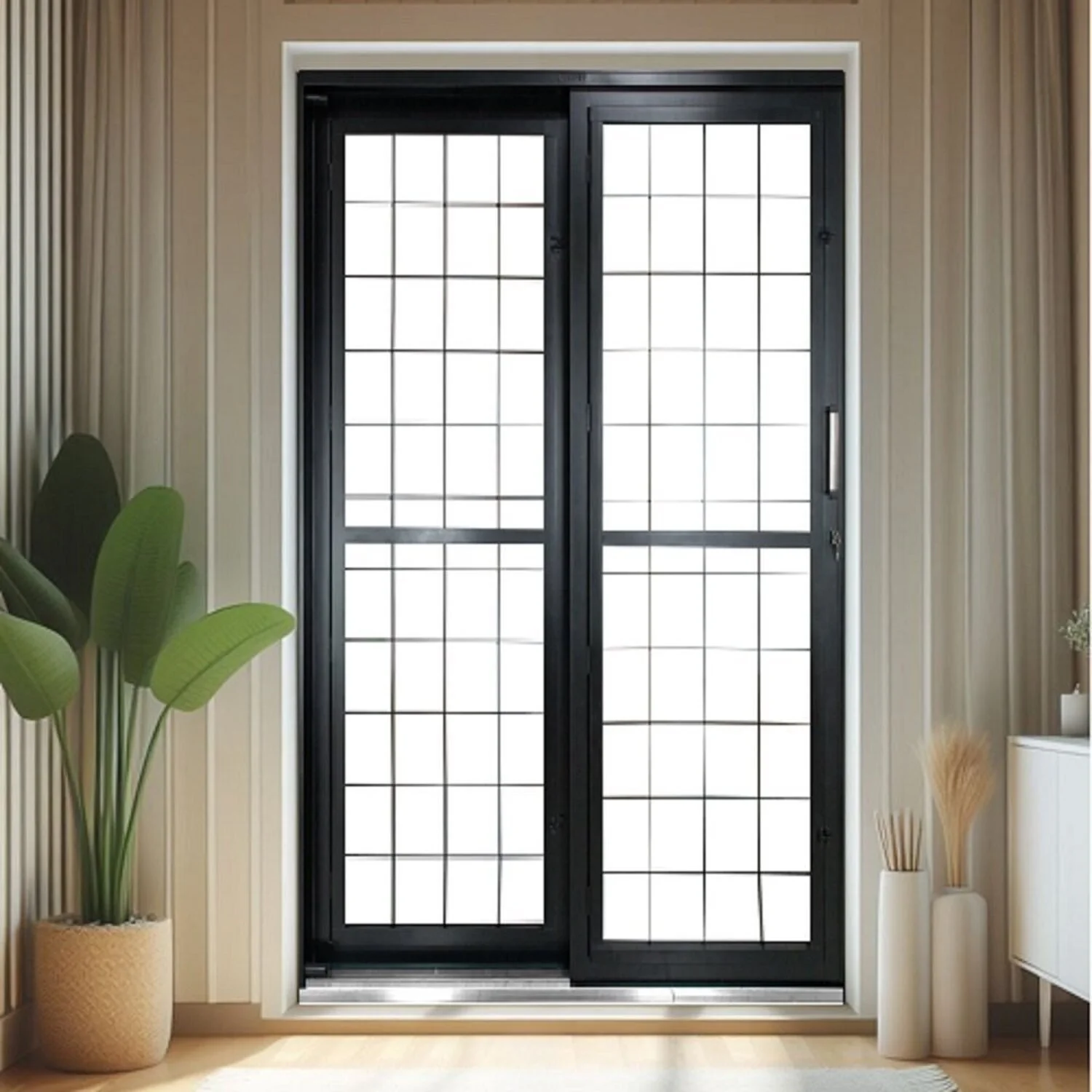 Porta De Correr De Aço 215x160cm Pantografica Grade Quadrada Ideal Crv Esquadrias Abertura Esquerda Preto