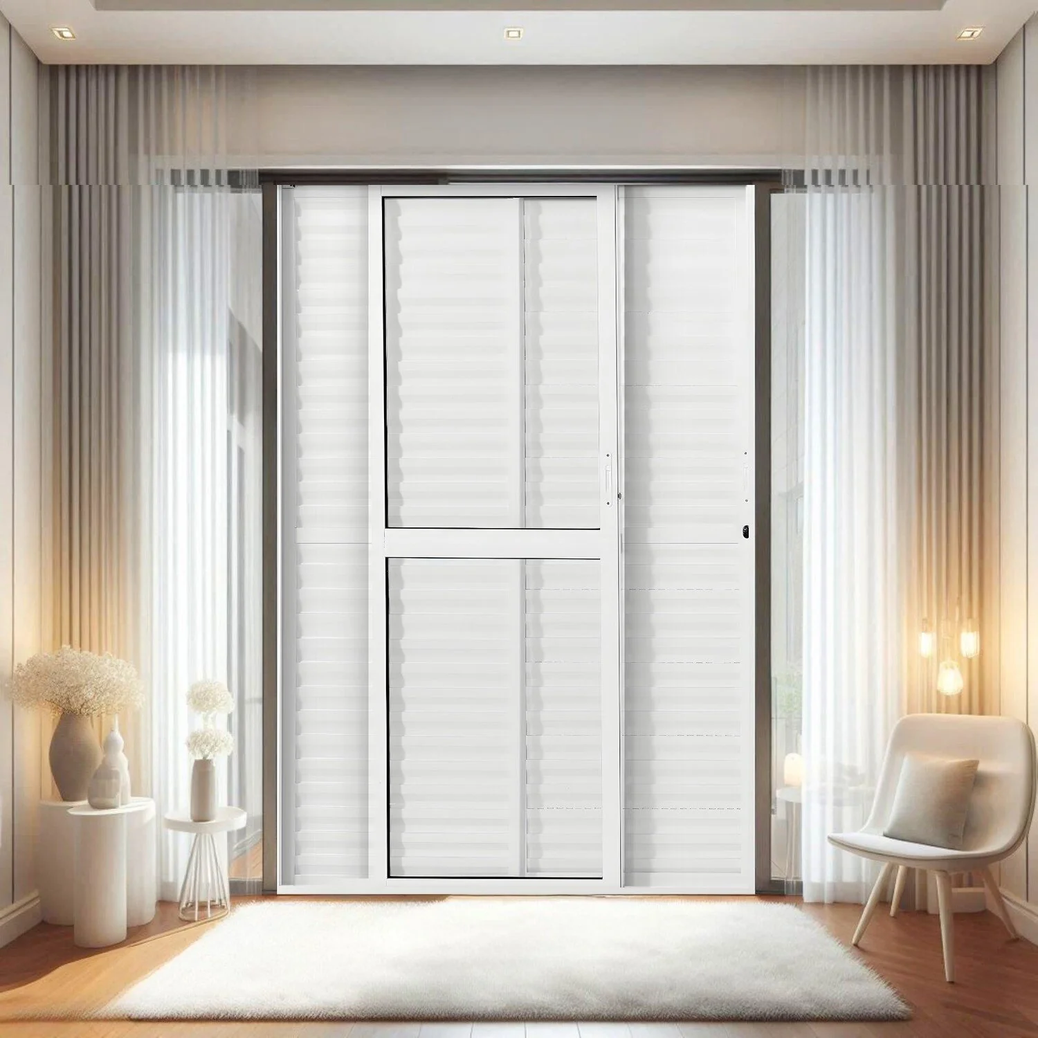 Porta Balção De Aluminio 210x160cm 2 Folhas Moveis E 1 Folha Fixa Branco