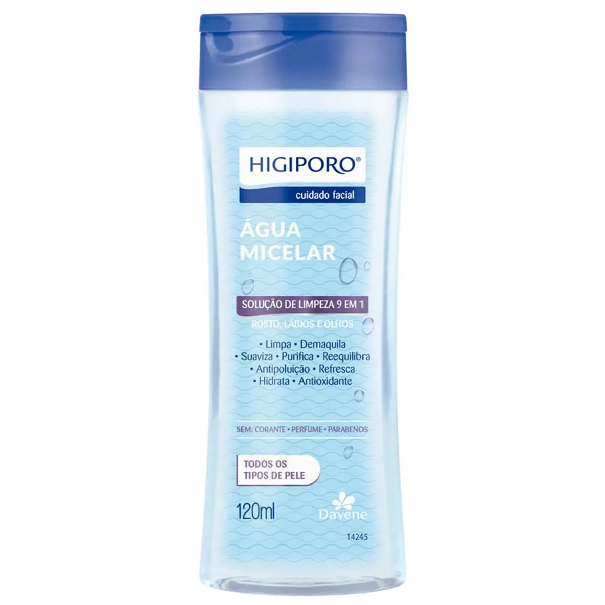 água Micelar Solução De Limpeza Facial Todos Os Tipos De Pele Davene Higiporo Frasco 120ml