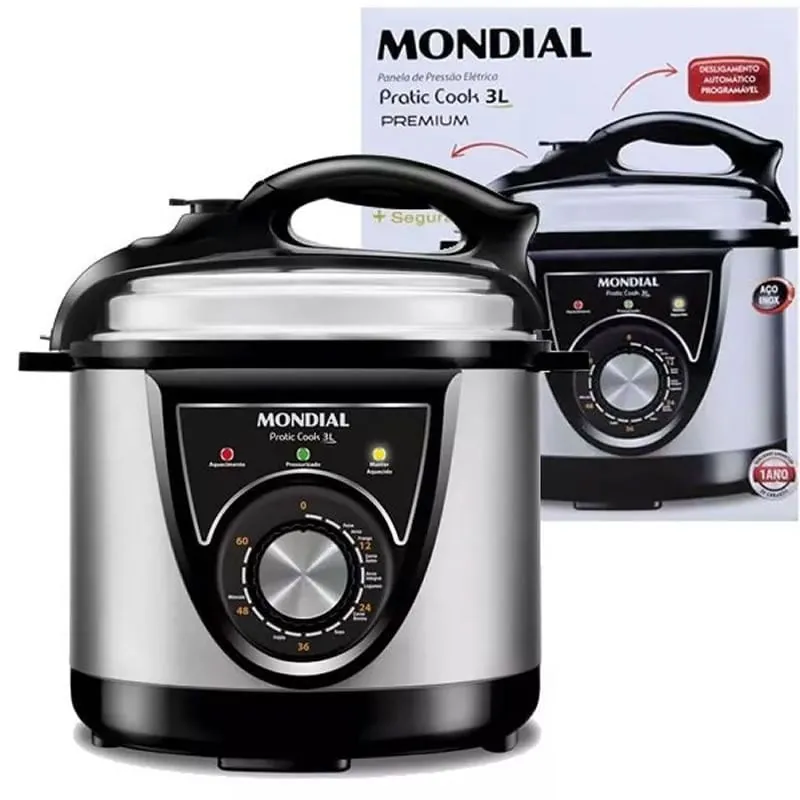 Panela de Pressão Elétrica Mondial 3L em Inox Pratic Cook Revestimento Antiaderente PE26 220V