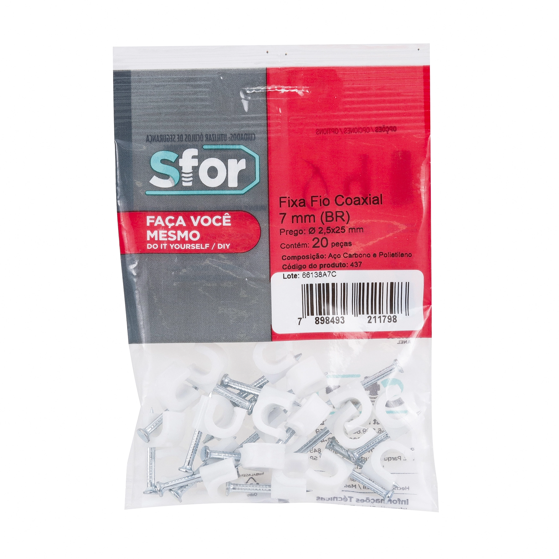 Fixa Fio Coaxial 7 2,5x25 Branco com 20 Unidades Sforplast