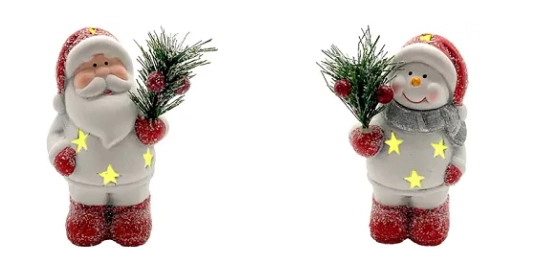 Enfeite Papai Noel Boneco De Neve De Cerâmica Com Arranjo Luz A Bateria