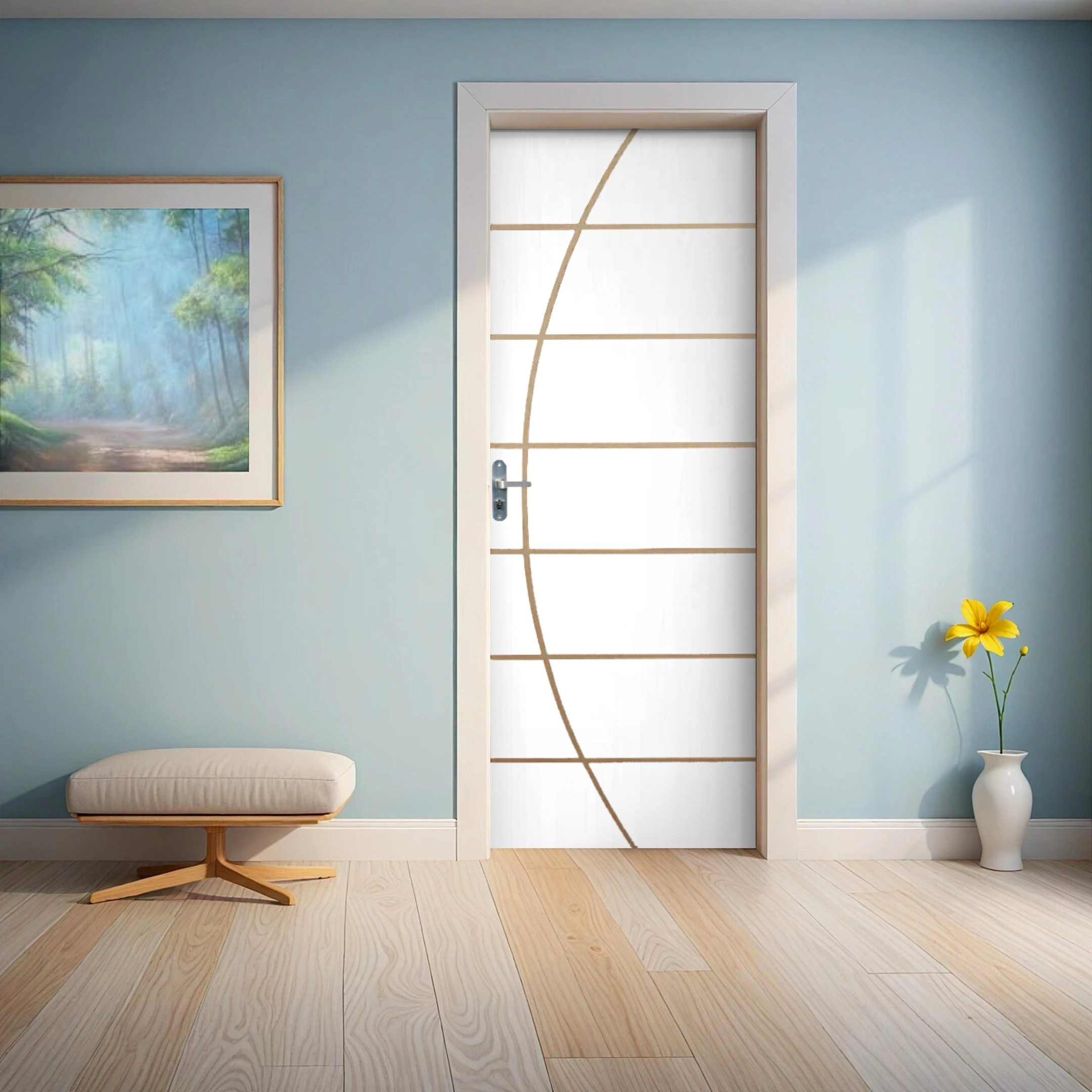Kit Porta De Madeira Decorada 215x65cm Com Batente De Aço 06cm Neblina Mgm Abertura Esquerda Branco