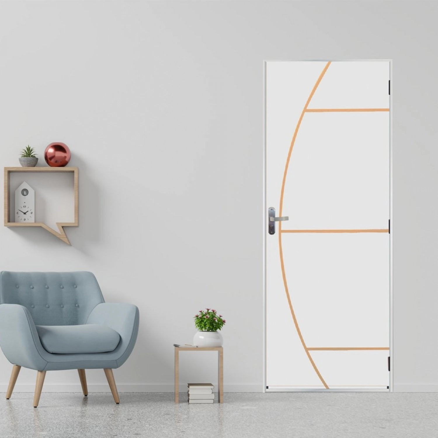 Kit Porta De Madeira Decorada 215x65cm Com Batente De Aço 06cm Gaúcha Mgm Abertura Direita Branco