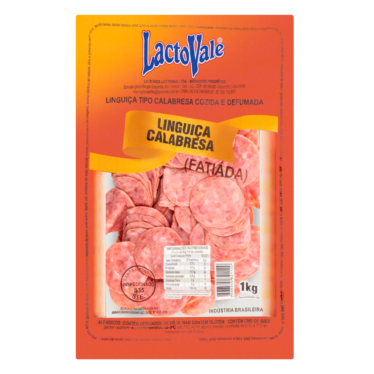 Linguiça Calabresa Cozida E Defumada Fatiada Lactovale Pacote 1kg
